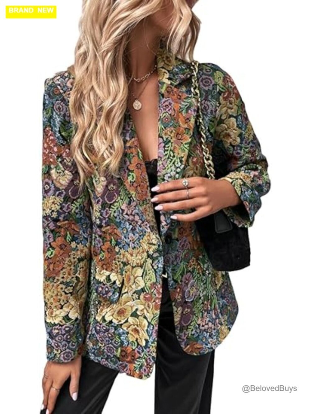 Women's Floral Print Lapel Neck Single Button Lightweight Blazer Jacket